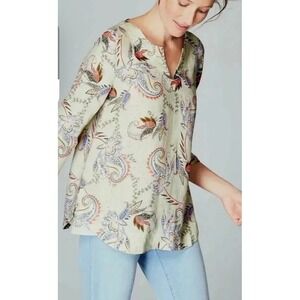 J Jill Love Linen  Yellow Top Floral Paisley 3/4 Sleeve V Neck Coastal MediumNWT